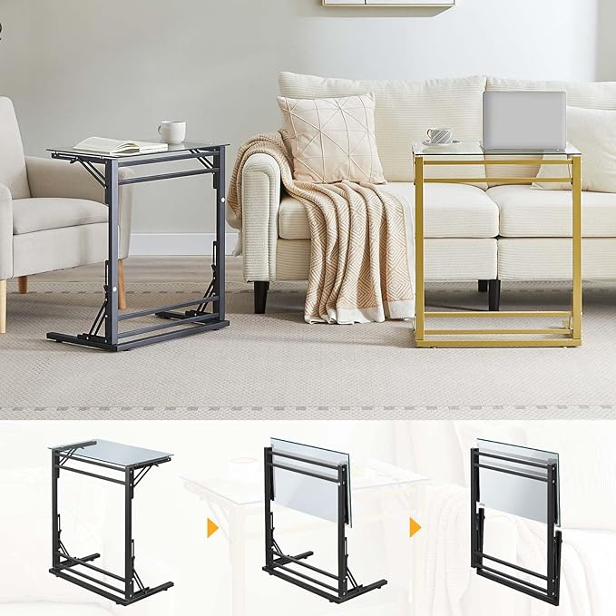 Tatub 24" Folding C Shaped End Table, Small Tempered Glass Side Table - Image 3