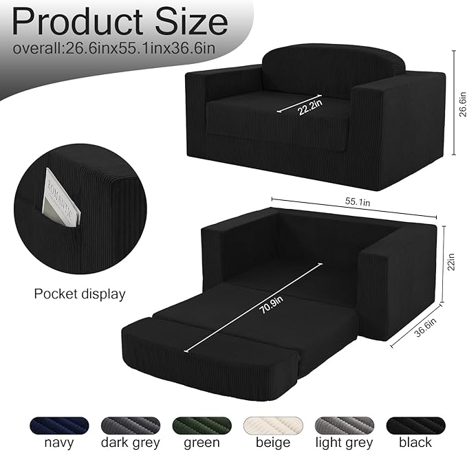 MeMoreCool Convertible Sofa Bed, Pull Out Loveseat Sleeper Sofa, Small Boneless - Image 3