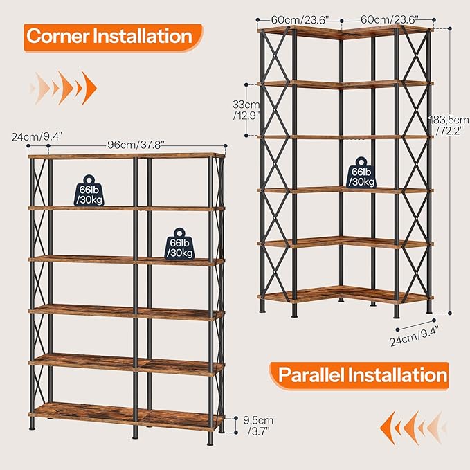 HOOBRO Corner Bookshelf, 6-Tier L-Shaped Bookcase, Industrial Open Display - Image 2
