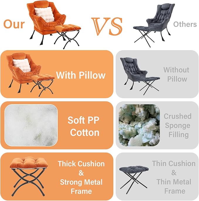Lazy Chair with Ottoman, Comfy Reading Chair with Footstool & Throw Pillow - Image 5