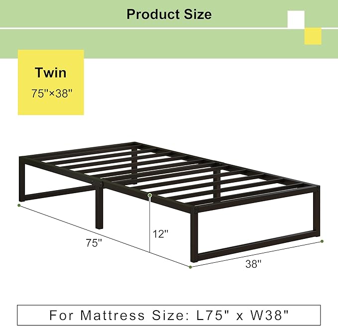 EMODA 12 Inch Twin Bed Frames No Box Spring Needed, Heavy Duty Metal Twin - Image 2