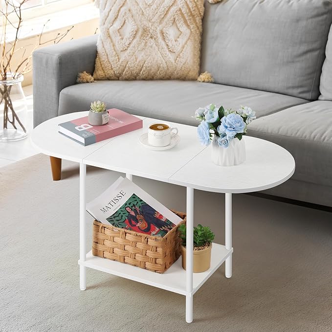 White Coffee Table for Living Room, Small Oval Coffee Table by OYEAL