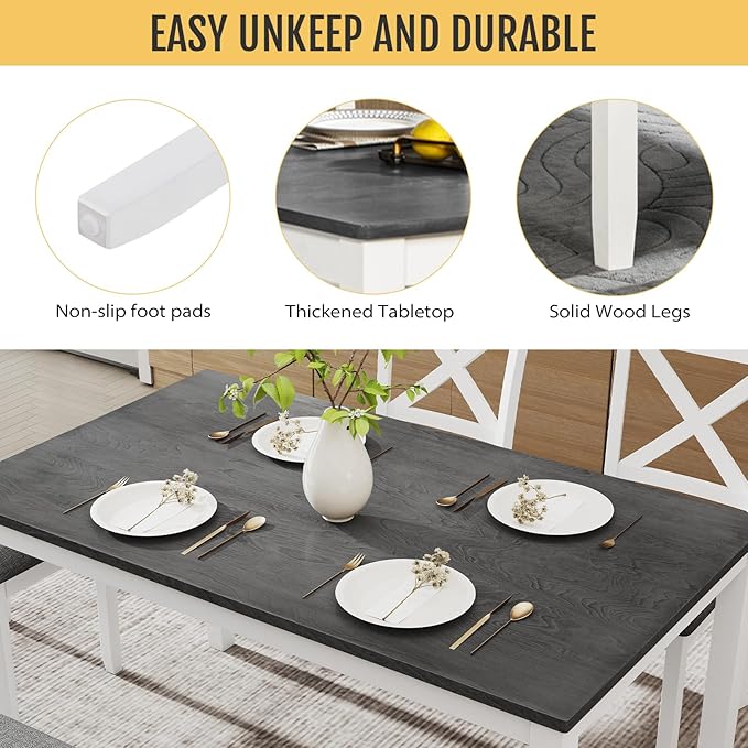 6-Piece Solid Wood Dining Table Set, Including 1 Dining Table, 4 Upholstered - Image 3