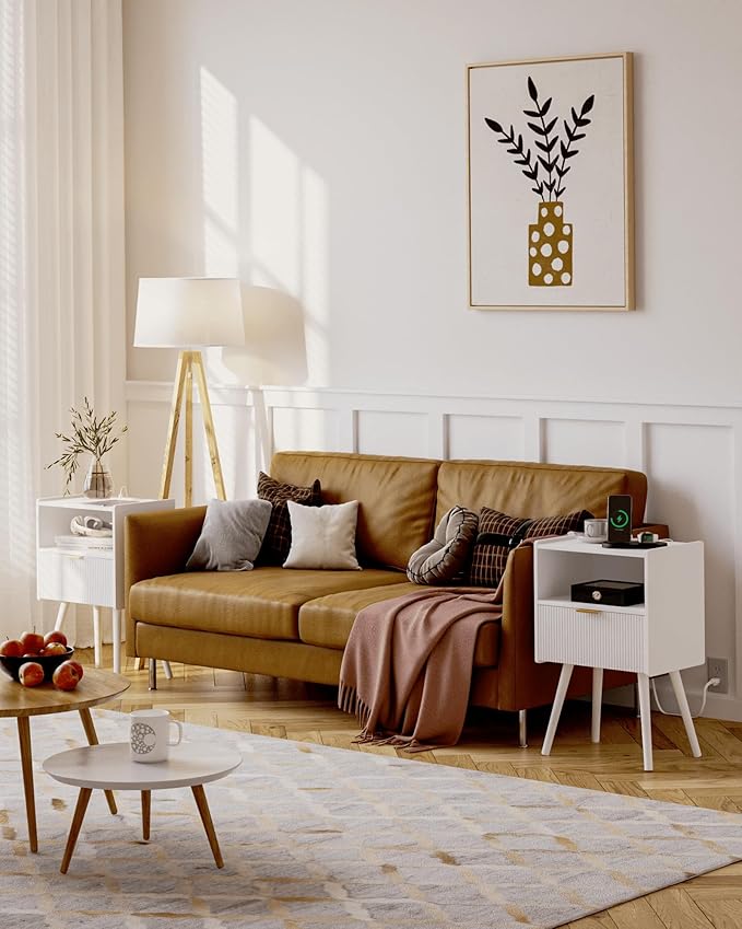 White Nightstand with Outlet, Modern Bedside Table with Storage Drawer and Open - Image 6