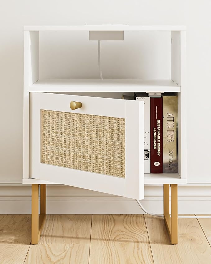 Rattan Nightstand with Charging Station, Boho Night Stand Farmhouse Wood - Image 7