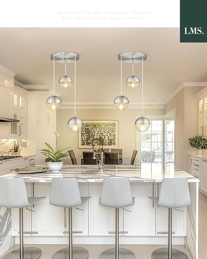 LMS Modern Brushed Nickel 3-Light Cluster Pendant Lights, Mid Century Pendant - Image 7