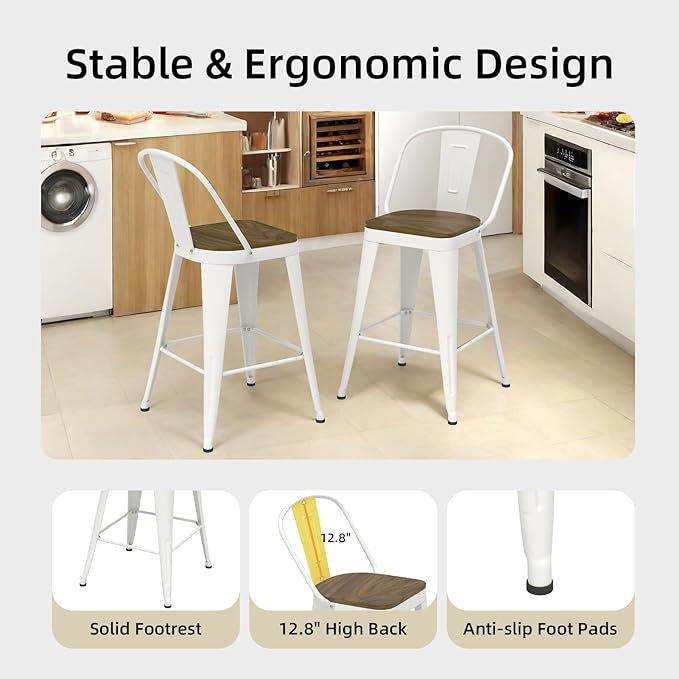 Metal Bar Stools Set of 4, High Back Bar Stools - Image 4