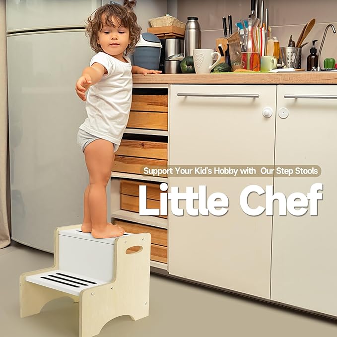 WOOD CITY Kids Step Stool for Toddler, Wooden Natural-White Patchwork Two Step - Image 2