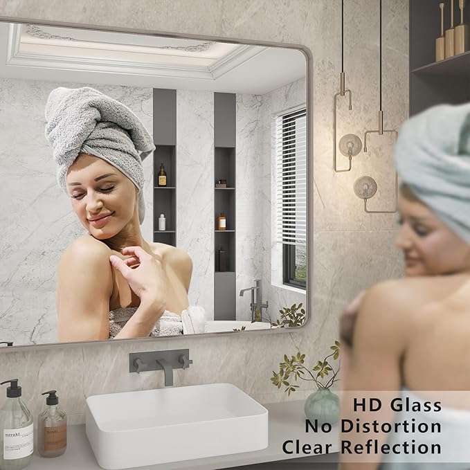 24x30 Inch Silver Bathroom Mirror, Brushed Metal Framed Vanity Mirror - Image 3