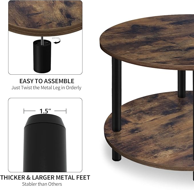 Small Round Coffee Table for Small Space, 23.5" 2-Tier Rustic Brown Wooden - Image 6
