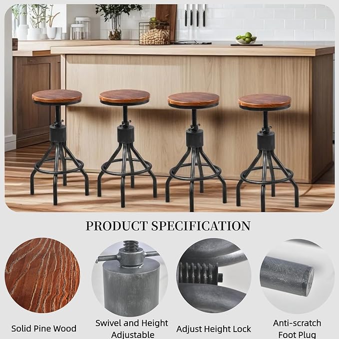 Set of 2 Industrial Bar Stool-Vintage Counter Dining Chair-Swivel Stools-Tall - Image 4