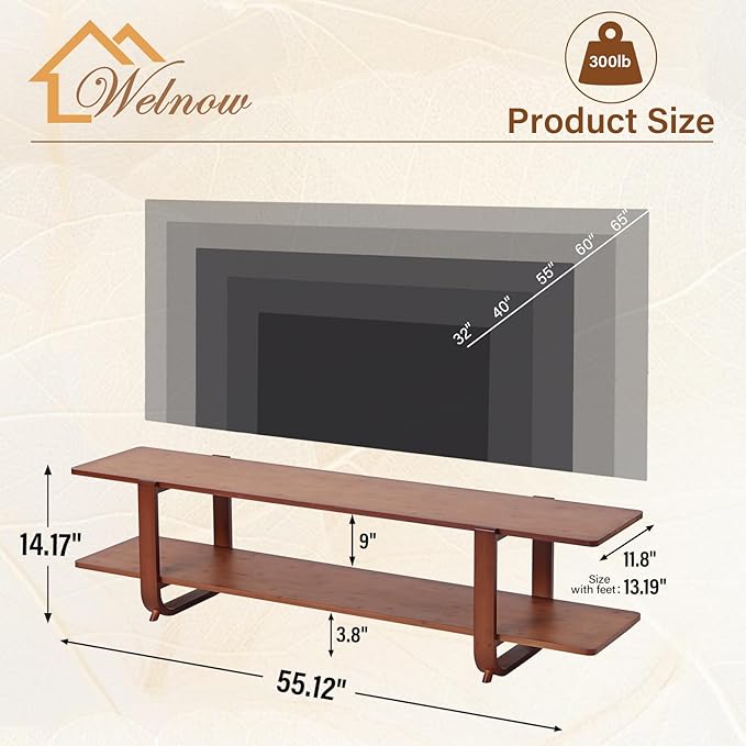 Welnow Bamboo TV Stand for Up to 65 Inch, Mid Century Modern Entertainment - Image 3