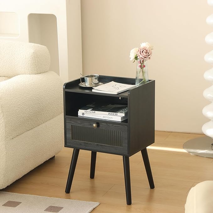 AWASEN Black Nightstand with Charging Station, Modern Bedside Table with Glass - Image 2