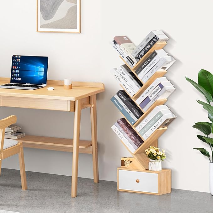 8 Tier Tree Bookshelf with Drawer, Free Standing Wood Bookcase - Image 4