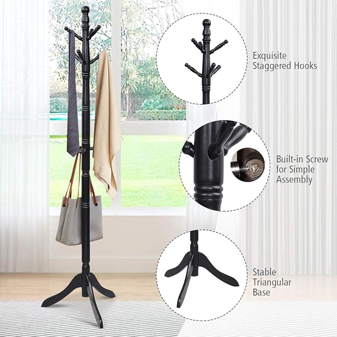 Tangkula Wood Coat Rack Freestanding, Entryway Height Adjustable Coat Stand - Image 7