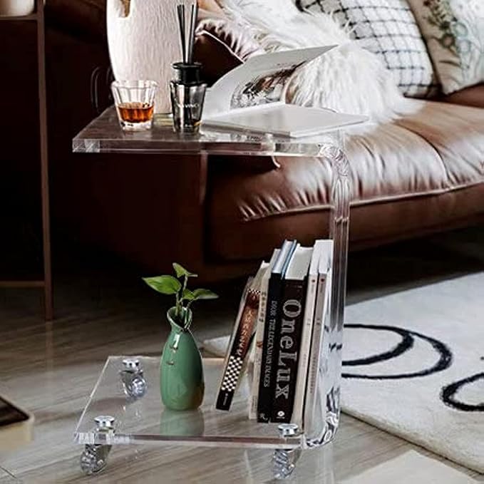 ONELUX Mobile C Shaped End Table, Acrylic Sofa Side Table, Snack Table On Wheels - Image 5