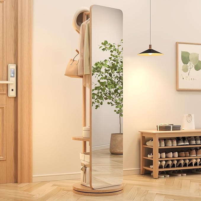 70"x16"Full Length Mirror with Stand, Coat Rack with Mirror, Solid Wood Floor by Unknown
