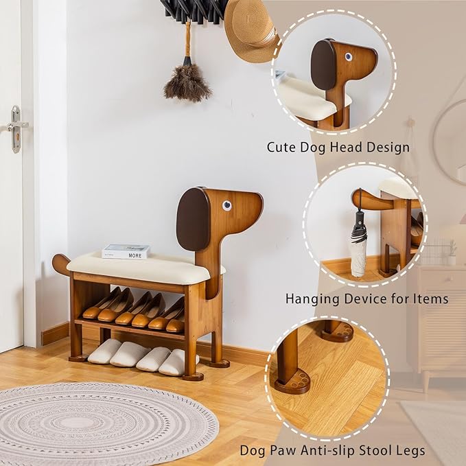 Shoe Bench – 2-Tier Wooden Entryway Organizer Cute Dog-Shaped - Image 3