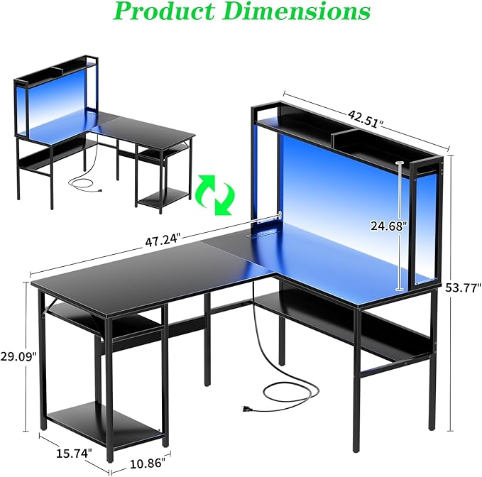 L Shaped Computer Desk with Hutch and Storage Shelves, Gaming Desk with LED - Image 3