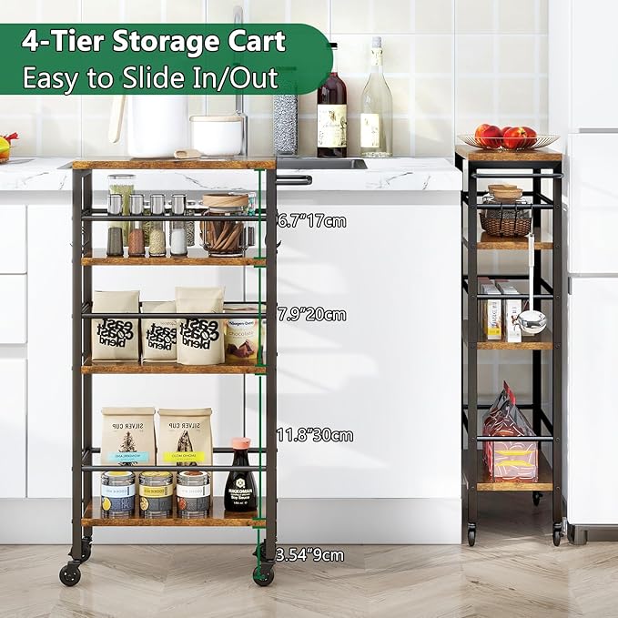 IBUYKE 7.8" Slim Rolling Cart, 4-Tier Metal Kitchen Storage Cart, Trolley cart - Image 9