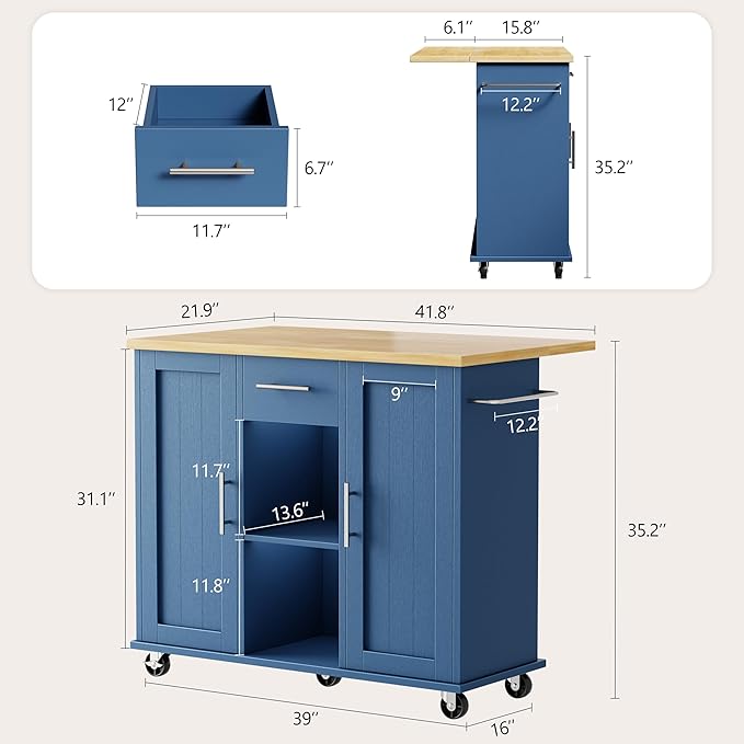 Shintenchi Kitchen Island with Storage, Bar Cart Cabinet Island Table on Wheels - Image 3