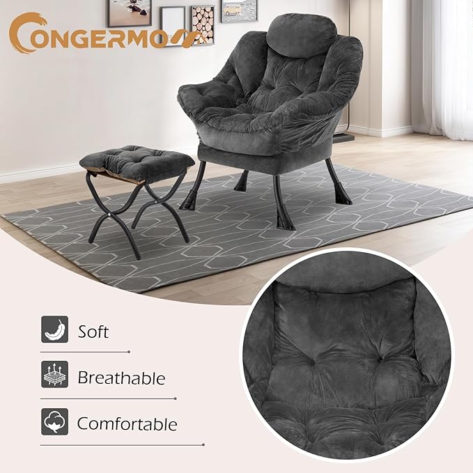 Lazy Chair with Folding Ottoman, Leisure Sofa Chair, Soft Fabric Armchair with - Image 4