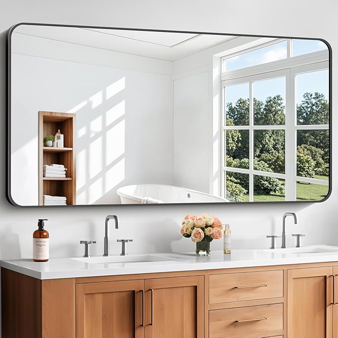 Bathroom Mirror, 30x60 inch Black Rectangle Wall Mirror, Metal Frame Rounded by WelcometoCIVENO