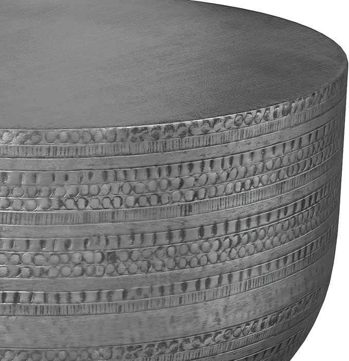SIMPLIHOME Johnsen 30-inch Wide Metal Drum Coffee Table in Antique Silver - Image 6