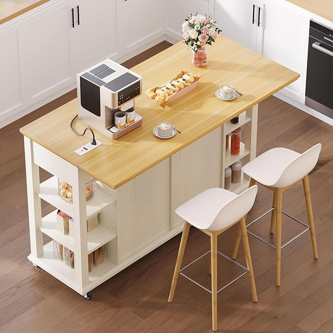 DWVO Kitchen Island with Drop Leaf, Tilt Out Trash Can Cabinet, Mobile Storage - Image 3