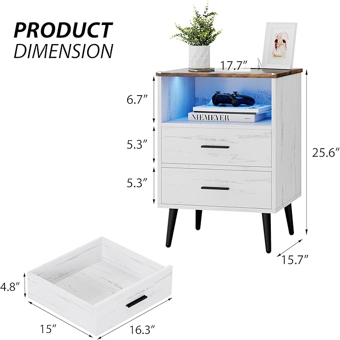 Farmhouse Nightstand with Charging Station and LED Lights, 25.6" H x 17.7" W x - Image 2