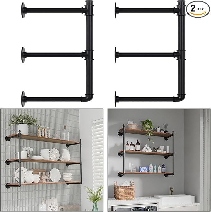 Industrial Pipe Shelf Brackets Wall Mount, Open Black Pipe Shelving by YCCO