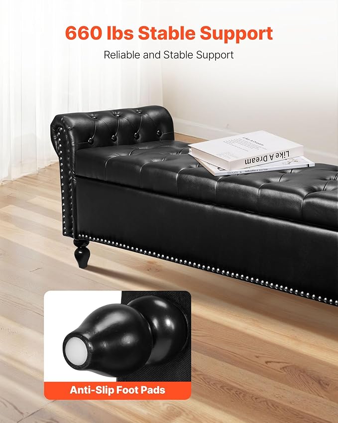 VEVOR Button-Tufted Storage Ottoman Bench, Rolled Arm PU Leather Bench - Image 4