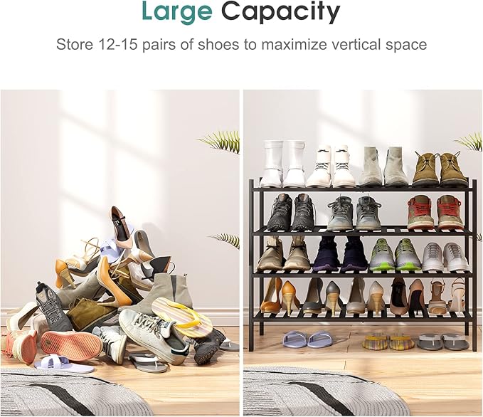 Black 4-Tier Long Shoe Rack, Bamboo Wood - Image 4