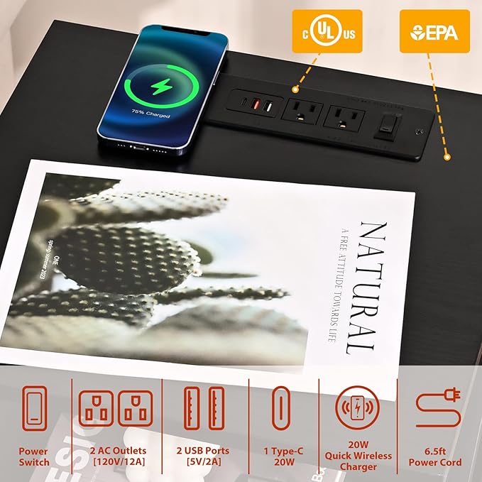 End Table with Wireless Charging Station, End Table with Wood Drawer, Night - Image 4