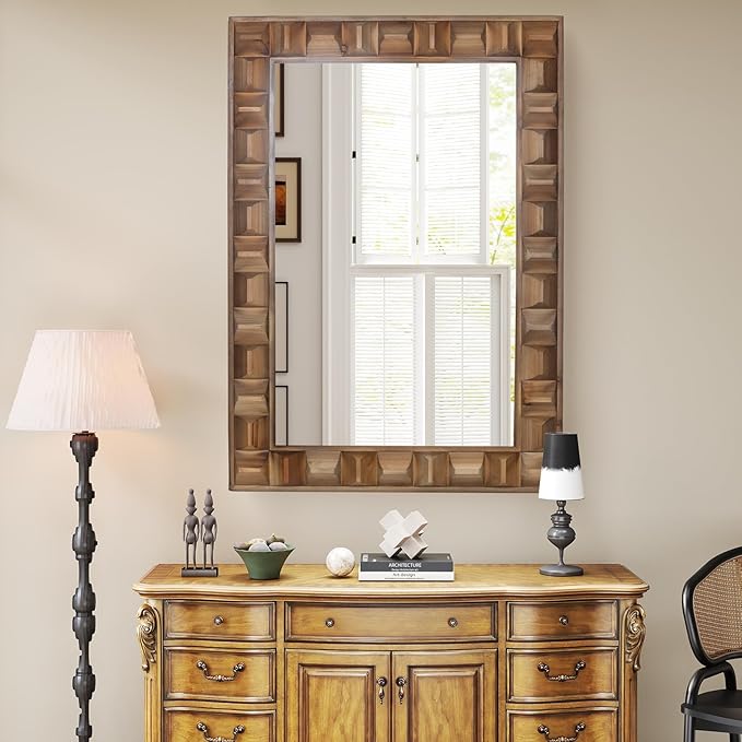 22x30 Inch Farmhouse Rectangular Wall Mirror, Rustic Wooden Frame Decorative by XGGJWW