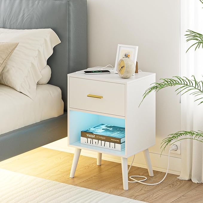 Nightstand with Charging Station and LED Lights, Small Side Table, Bedside - Image 6