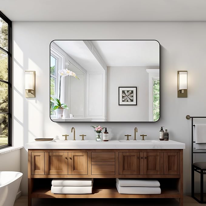 Bathroom Mirror, 48x36 inch Black Rectangle Wall Mirror, Metal Frame Rounded - Image 6