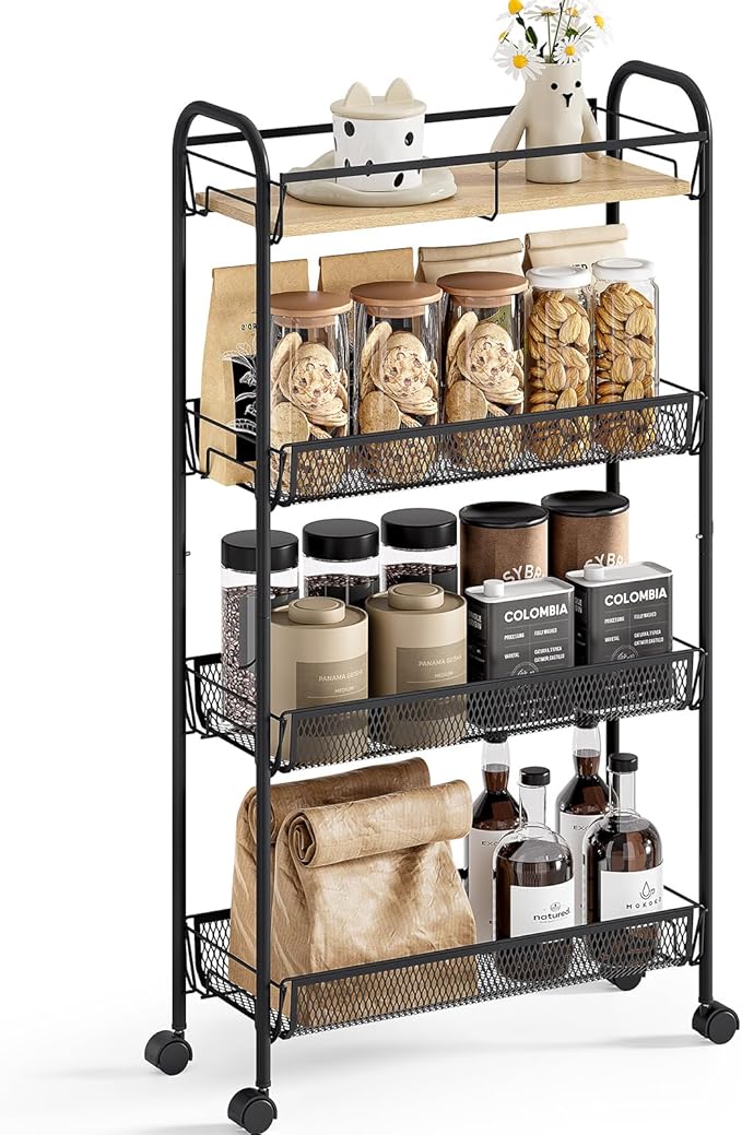KINGRACK Metal Slim Rolling Cart, 4-Tier Metal Utility Cart, Storage Cart by KINGRACK