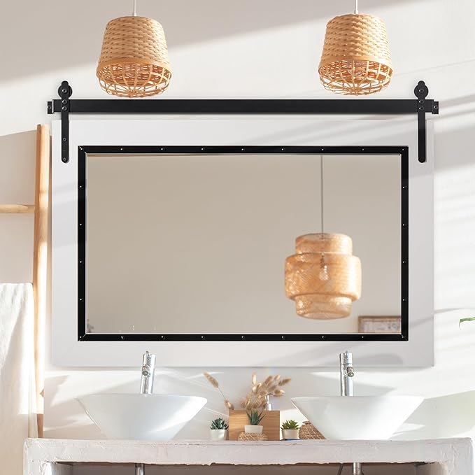 YOSHOOT Farmhouse Barn Door Mirror, Wood Frame Wall Mirror, Wooden Mirror - Image 4