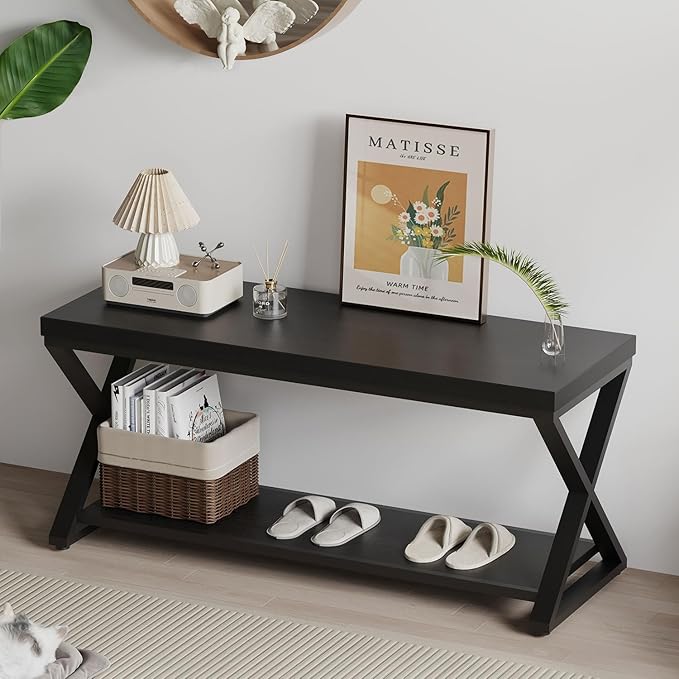IBF Black Bench for Entryway, Farmhouse Entry Way Home Organizer Shoe Bench Seat by IBF