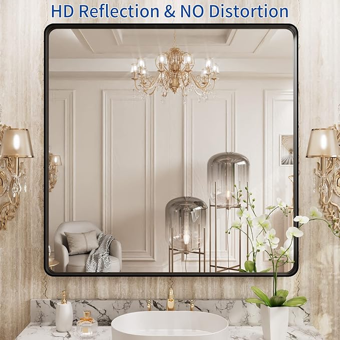 WEER 36X36 Inch Black Metal Framed Bathroom Mirror, Matte Black Bathroom Vanity - Image 2