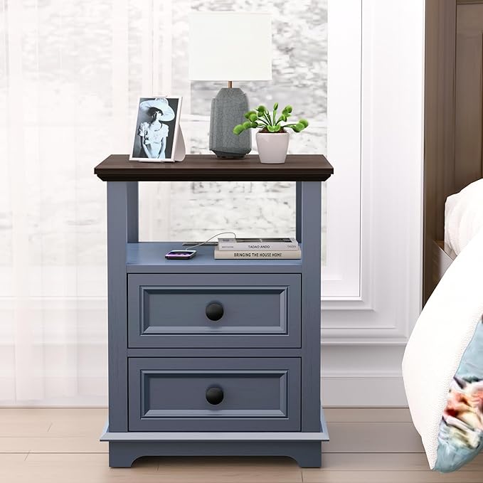 End Table with Fast USB C Charging Station, Large Storage Rustic Wood Square - Image 7