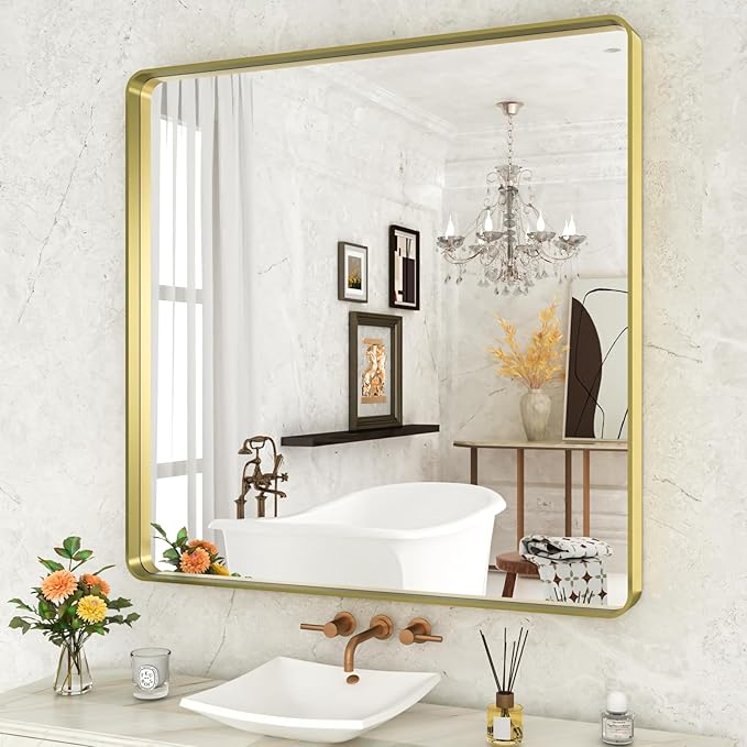 WEER Gold Bathroom Mirror, 36X36 Inch Brushed Metal Frame, Rounded Rectangle by WEER