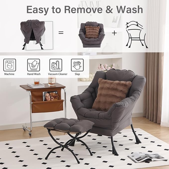 Large Lazy Chair with Ottoman, Accent Reading Chair with a Throw Pillow - Image 7