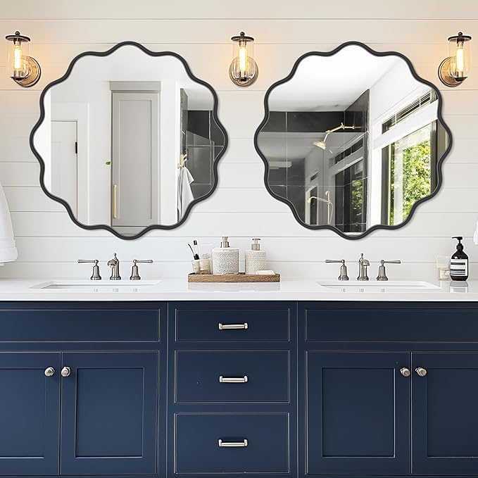 PROHOMEWARE Black Round Mirror 36 Inch Wavy Bathroom Vanity Mirror Black Frame - Image 2