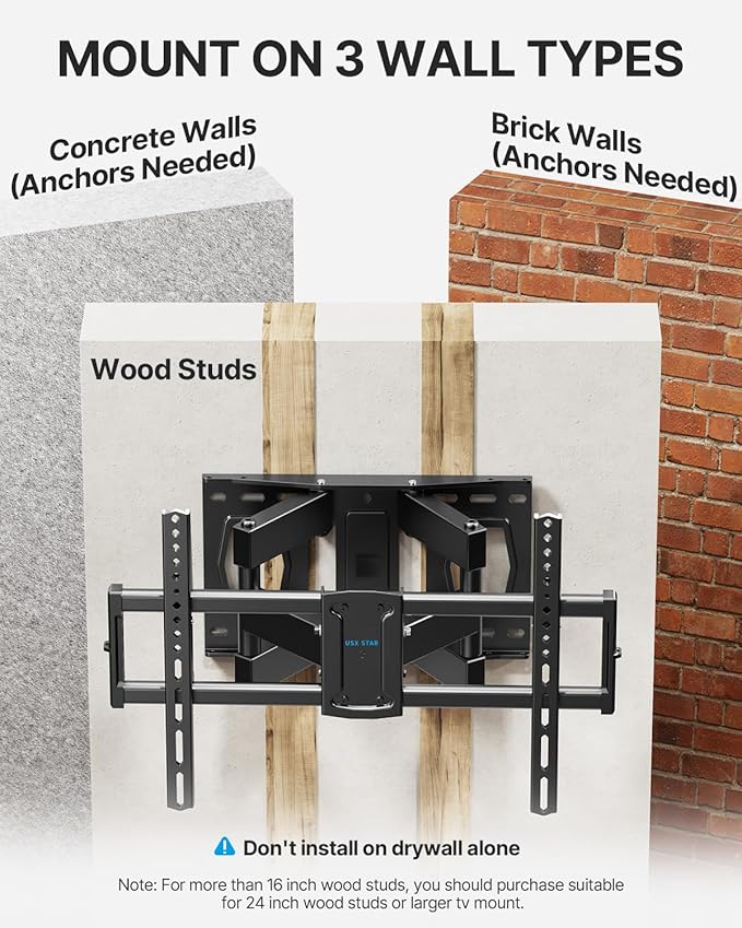 Full Motion TV Wall Mount for 37-85 Inch TVs Mounts Up to 132lbs, Fit 16" Wood - Image 9