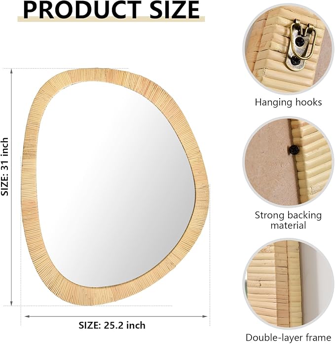 H HOMEWINS Rattan Mirror for Wall, 31.5'' x 25.2" Wooden Framed Farmhouse Boho - Image 4