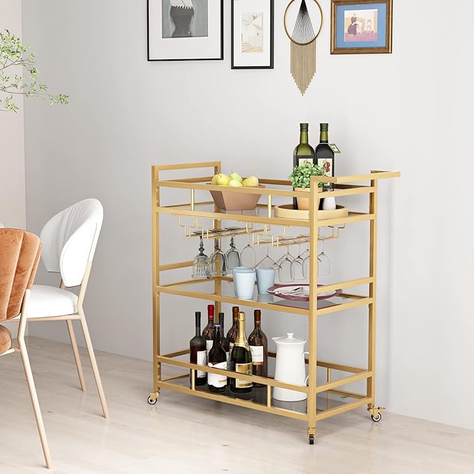Gold Bar Carts with 3 Tier Glass Shelves, Rolling Serving Bar Cart with Wine - Image 5