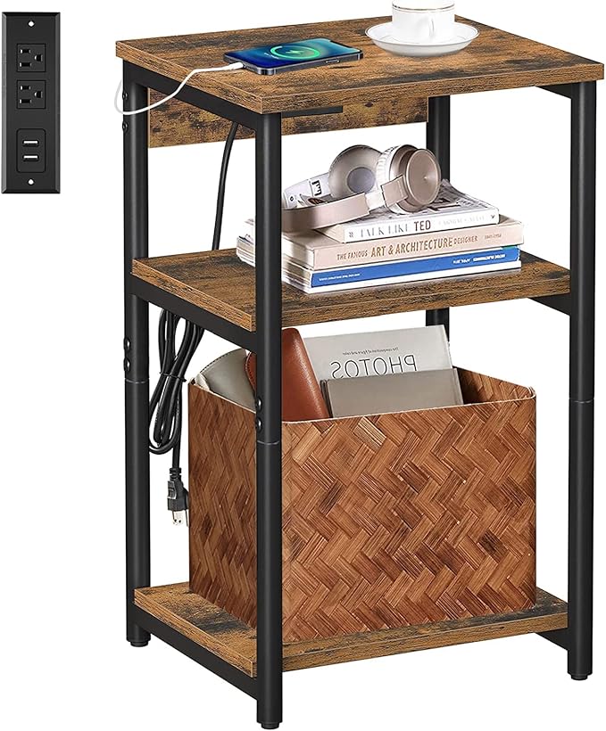 TUTOTAK End Table with Charging Station, Nightstand, 3-Tier Couch Side Table by WelcometotheTUTOTAKHome