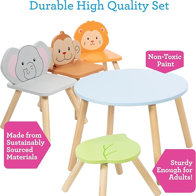 Kids Wooden Animal Table & Chair Set w 4 Seats- Monkey Lion & Elephant Plus - Image 2